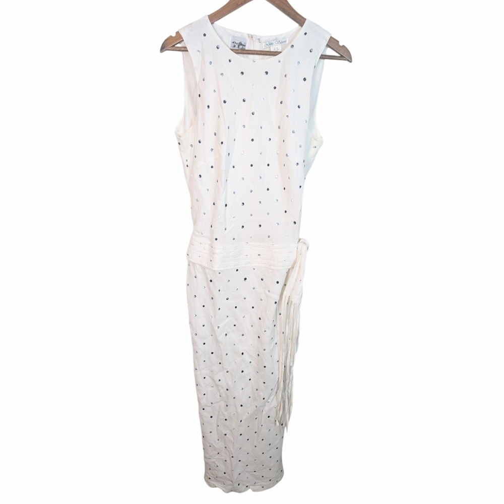 VINTAGE Irish Linen Niki Valenti White Gray Black Polka Dot Maxi Dress Size 14